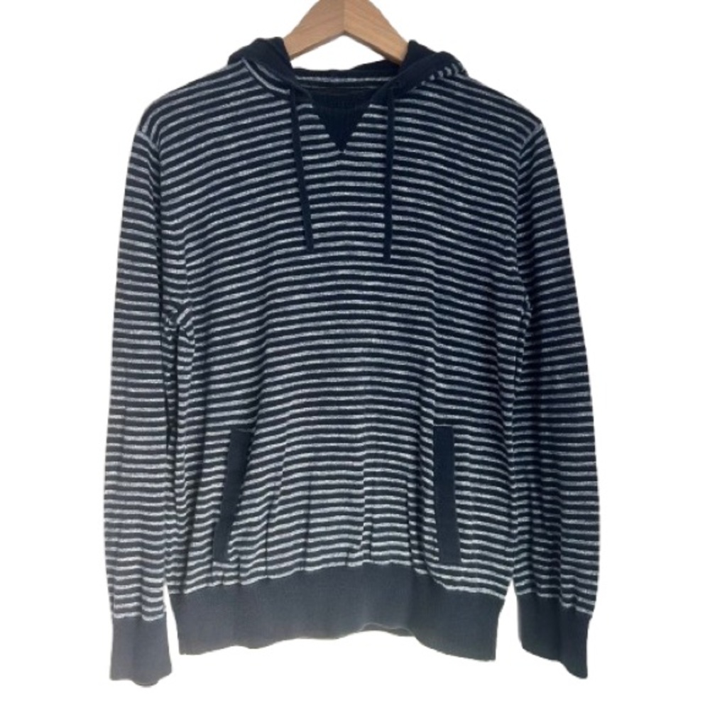 Banana Republic Mens Striped Pullover Hoodie Sweater Navy Gray Size Large Preppy